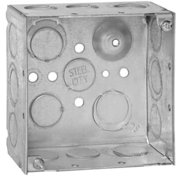 Steel City® 521711234E Square Box, Steel, 13 Knockouts, 1 Outlets, 30.3 cu-in Capacity, 4 in Height, 4 in Width, Silver