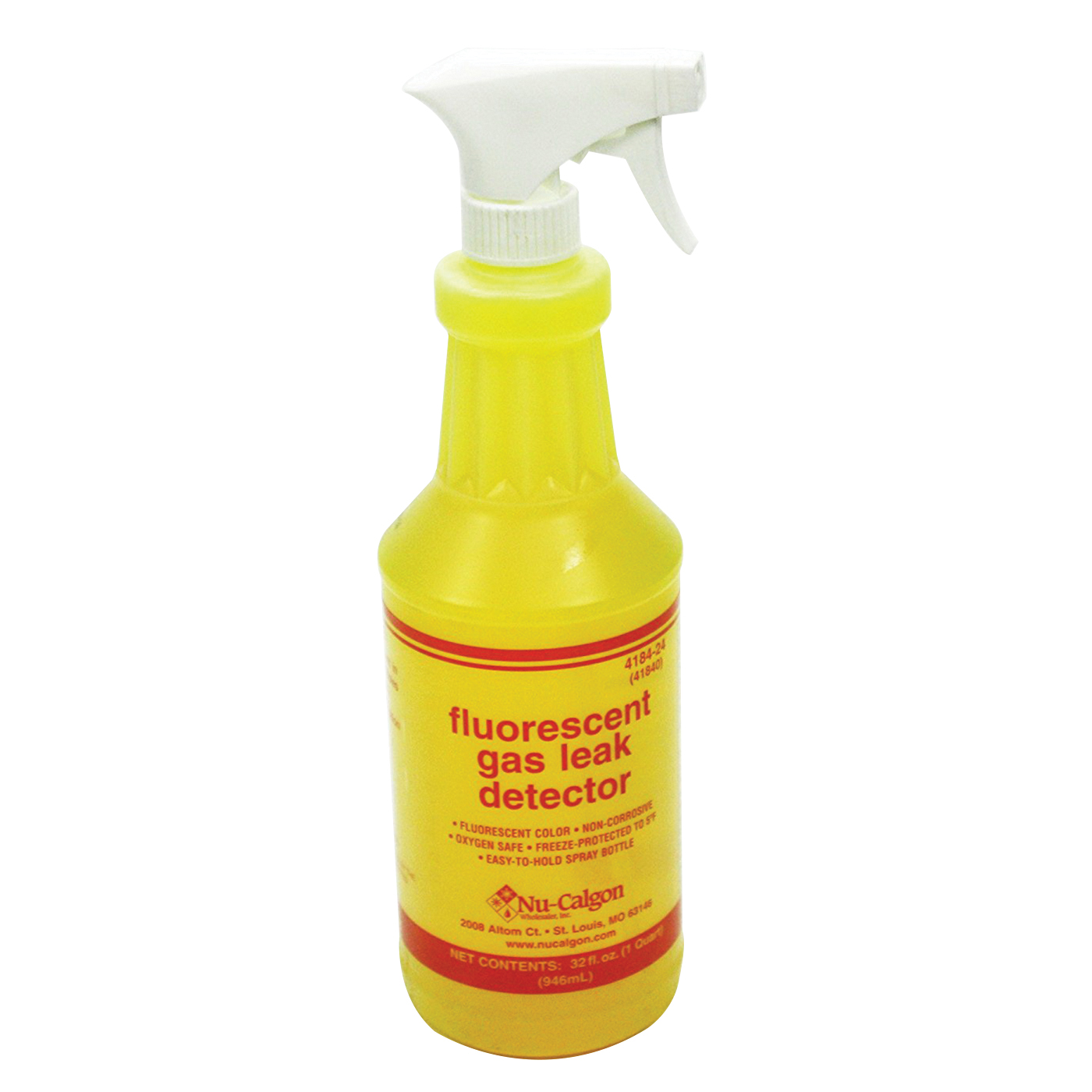 Nu-Calgon 4184-24 Gas Leak Detector, Liquid, Fluorescent Yellow, 1 Qt, Spray Bottle