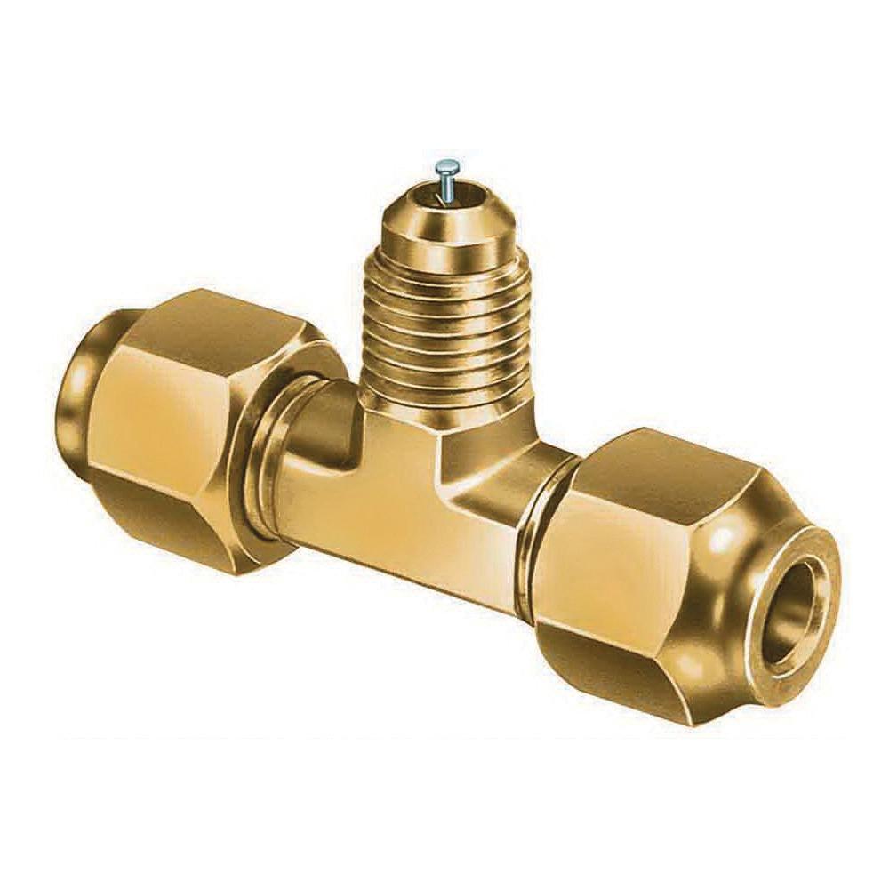 JB Industries A31444 Tee With Nut, 1/4 in, Female SAE Swivel x Access x Tube, Brass/Copper