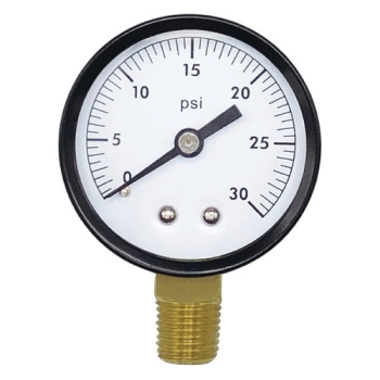 Wal-Rich 1712004 Pressure Gauge, 0 to 30 psi, Bourdon Tube, 2 in Dial, 1/4 in, NPT, Brass, Lower