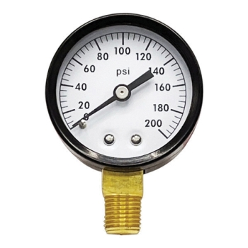 Wal-Rich 1712012 Pressure Gauge, 0 to 200 psi, Bourdon Tube, 2 in Dial, 1/4 in, NPT, Brass, Lower