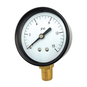Wal-Rich 1712502 Pressure Gauge, 0 to 15 psi, Bourdon Tube, 2-1/2 in Dial, 1/4 in, NPT, Brass, Lower