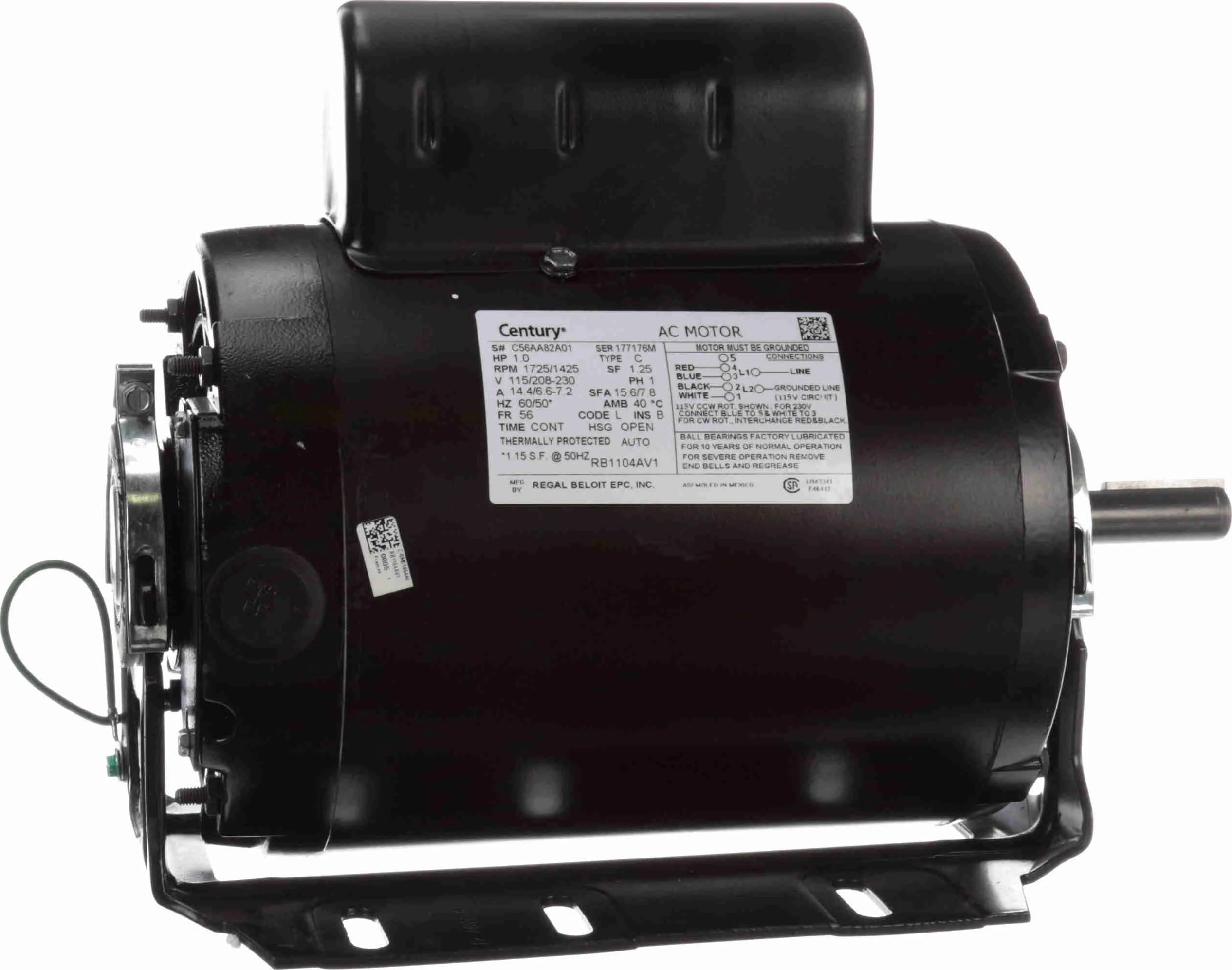 Century® RB1104AV1 Capacitor Start Blower Motor - 1 Hp, 1,425-1,725 Rpm, 115/208-230V