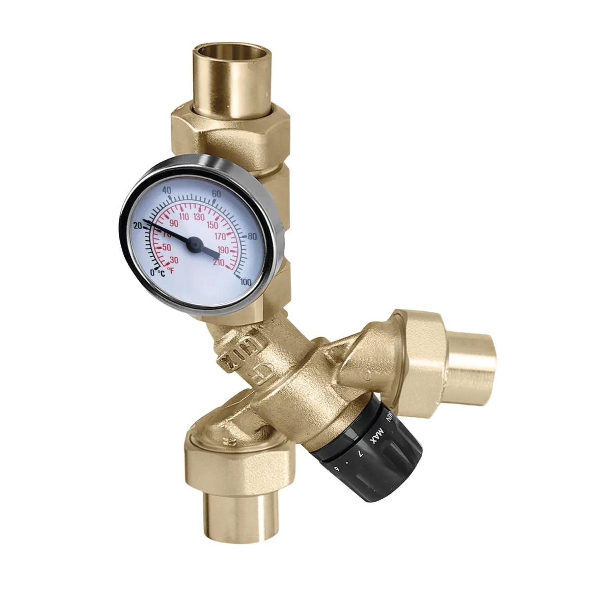 Caleffi AngleMix™ 520 Series 520519AC Thermostatic Mixing Valve, 3/4 in, Sweat, 9 gpm, 150 psi, Brass
