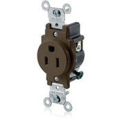 Leviton® 5015I Commercial-Grade Single Receptacle Outlet, 15 A, 125 V, NEMA 5-15R NEMA Rating, Brown, 2 Poles