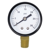 Wal-Rich 1712004 Pressure Gauge, 0 to 30 psi, Bourdon Tube, 2 in Dial, 1/4 in, NPT, Brass, Lower