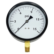 Wal-Rich 1713002 Pressure Gauge, 0 to 15 psi, Bourdon Tube, 4-1/2 in Dial, 1/4 in, NPT, Brass, Lower