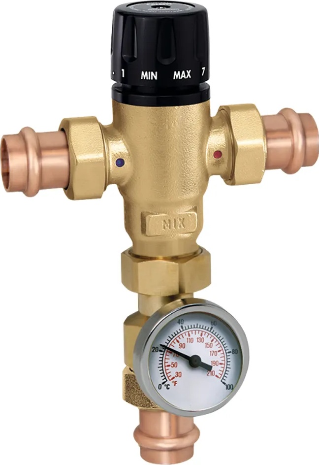 Caleffi 521516AC Mixcal 3-Way Mixing Valve - 3/4 In Press, With Gauge & Check Valves