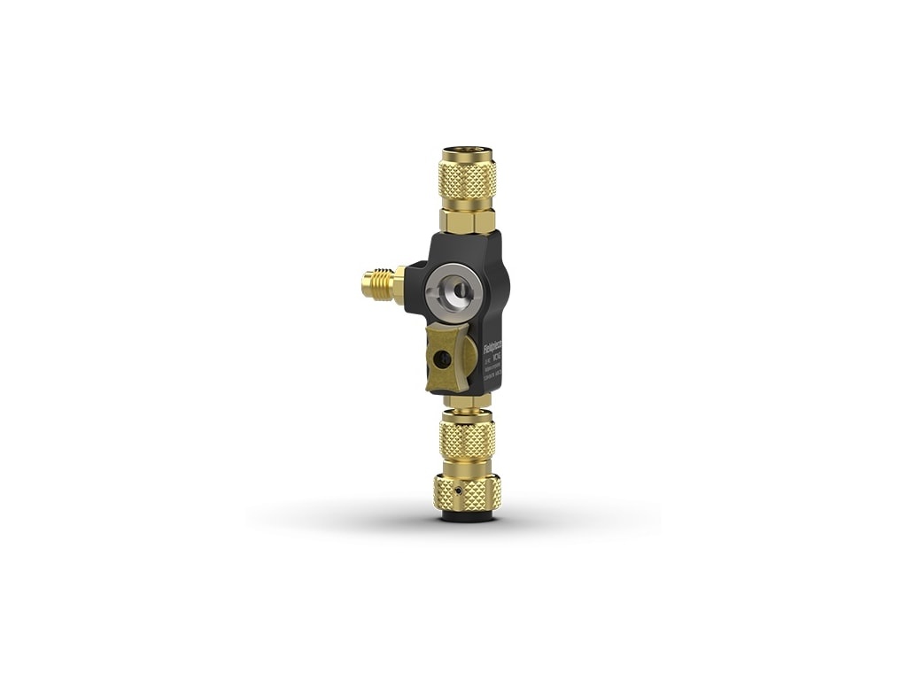 Fieldpiece VC1G Instruments Valve Core Removal Tool, 1/4" Size, 800 Psi, 1/4" Female Port (Service), 1/4" Male Port (Side), 1/4" Male Sae Flare (Service Hose), 5/16" Female Sae Flare (Service Port), Brass, 5-3/50" Length, 2" Width, 1-1/2" Height