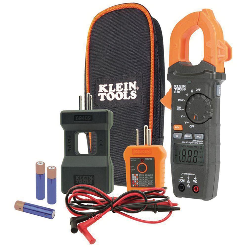 KLEIN TOOLS® CL120KIT Clamp Meter Electrical Test Kit, 600 V, 15 A, 20 MOhm, 1.61 in Jaw, Backlit LCD Display